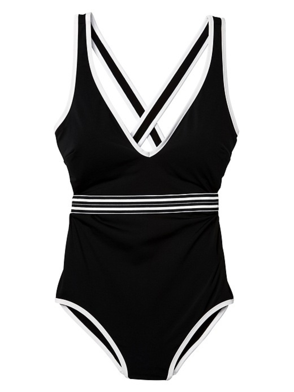 Athleta Black One-Piece Swimsuit with White Trim and Striped Waist